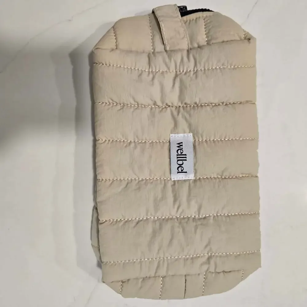 Wellbel Beige Quilted Puffy Travel Toiletry Cosmetic Pouch